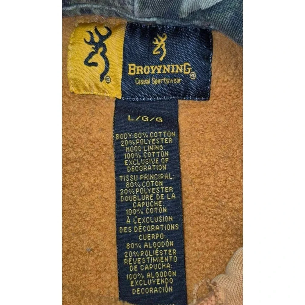 Browning Outdoor men's orange hoodie camo lined hood deer logo sz. L drawstring‎